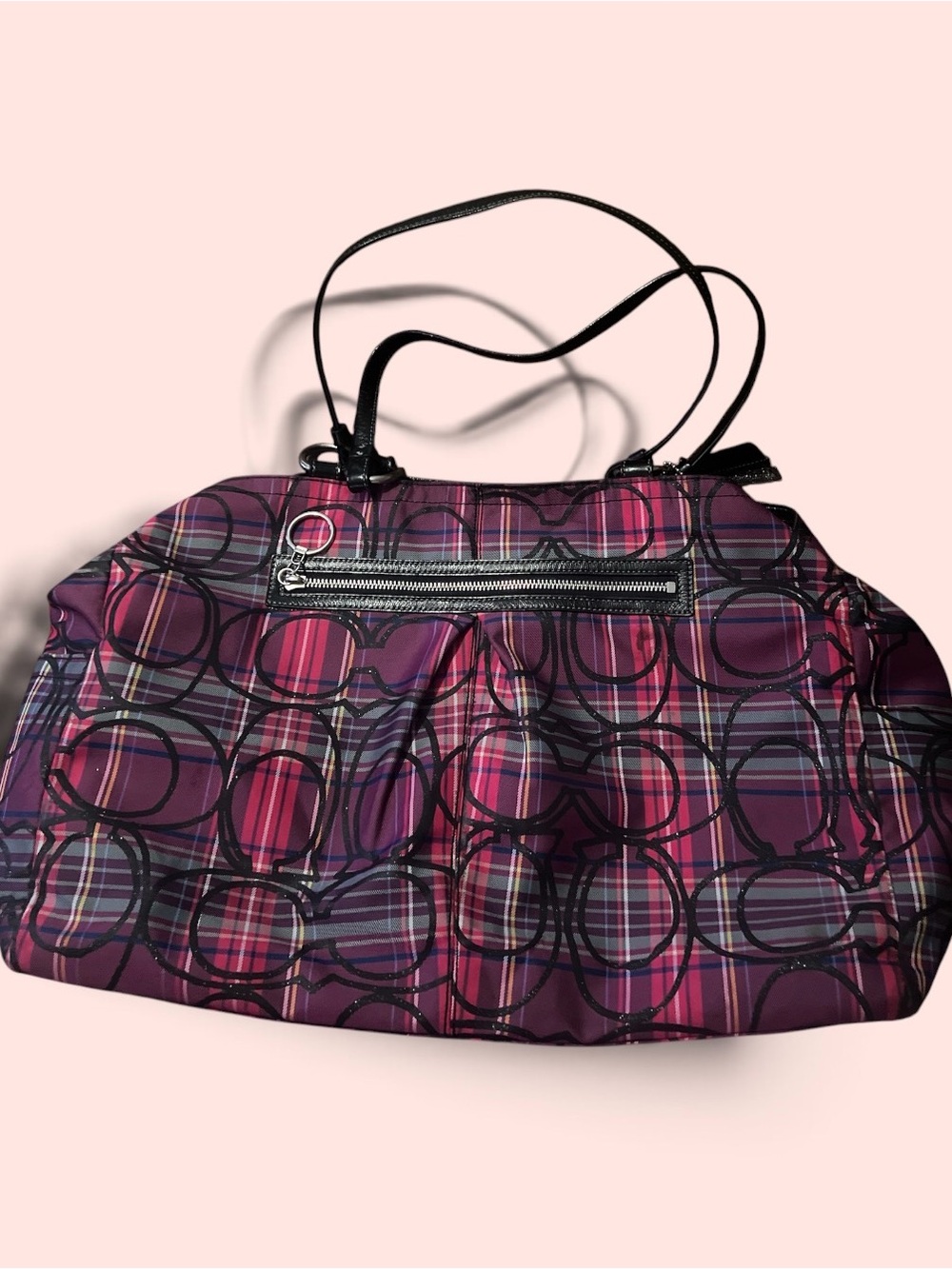 Coach Purple Plaid Pattern Tote Bag with Black Handles